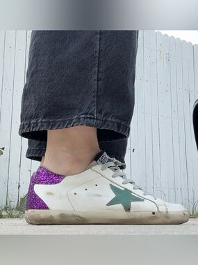 ✨ Golden Goose Super-Star Sneakers – White / Green Star / Purple Glitter Heel 39
